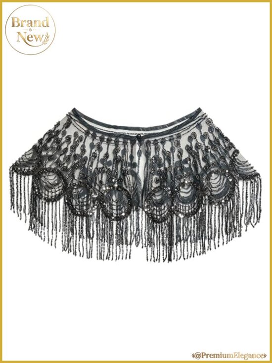 Accessories - 1920s Beaded Sequin Fringe Shawl Wrap Evening Cape for Gatsby Party Wedding